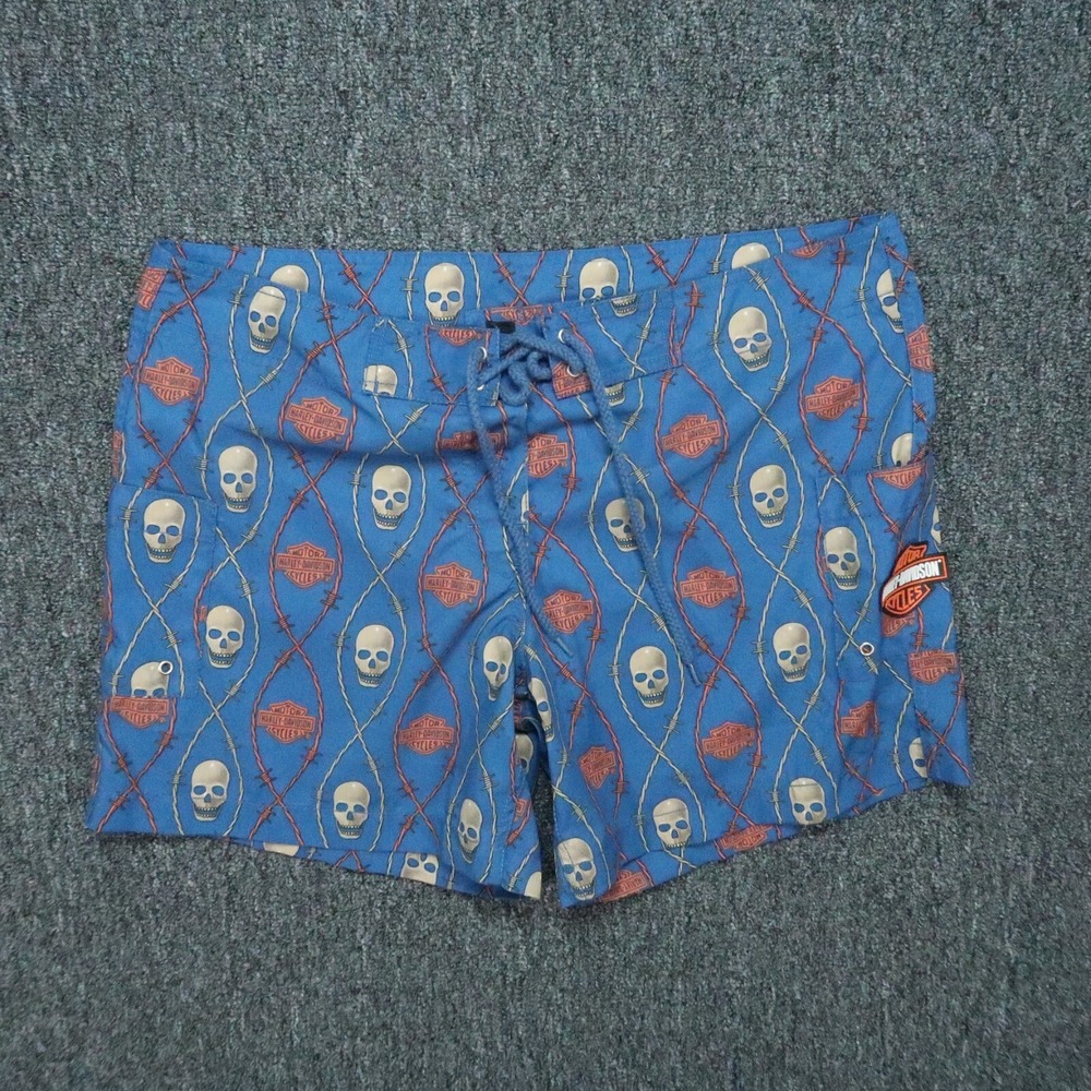 Harley Davidson Board Shorts Mens Medium Blue Swim Skull Barbwire Motorcycle